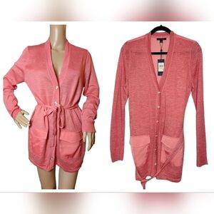 NWT Tommy Hilfiger Coral Pink Mixed Media Ramie/Rayon belted cardigan. Size M.